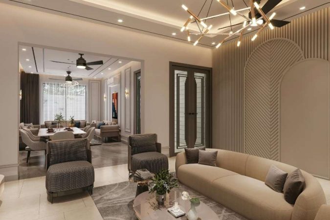 Un salon luxueux avec une décoration murale en arche striée beige, un canapé crème et un lustre design aux branches dorées.