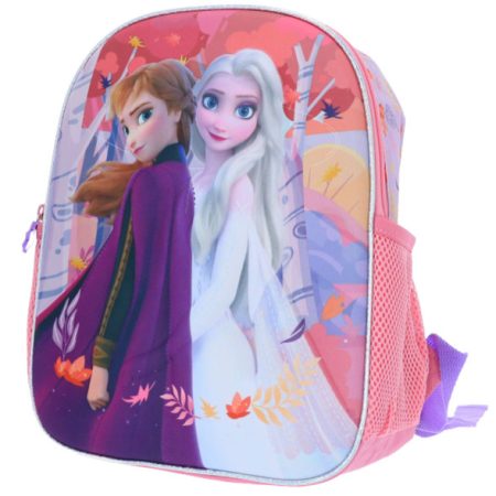 Un sac à dos Reine des Neiges rose avec les personnages d'Anna et Elsa imprimés à l'avant.
